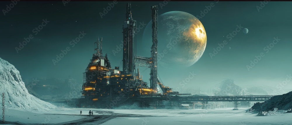 Obraz premium A colossal mining facility on a distant planet extracting resources from the surface