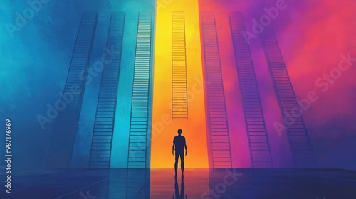 A person standing in front of multiple ladders leading to different places, not being able to reach one, symbolizing the different socioeconomic hierarchies.