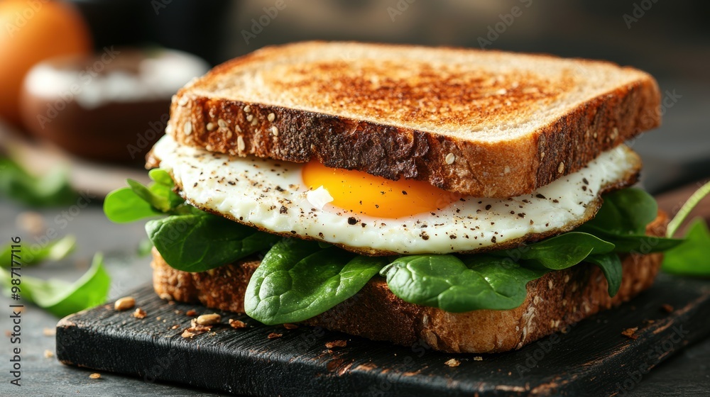 nourishing breakfast sandwich with whole wheat bread, eggs, spinach perfect for a healthy morning start ideal for promoting nutritious meal ideas nourishing breakfast sandwich with whole wheat bread, eggs, spinach perfect for a healthy morning start ideal for promoting nutritious meal ideas