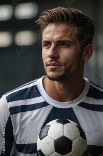 Young soccer player holding a ball poses confidently in a training facility with a focused expression.