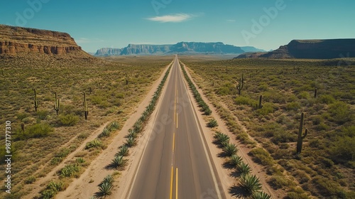 A long, straight road cuts through the Arizona desert. The landscape is dry and rocky, with cacti dotting the sandy ground.