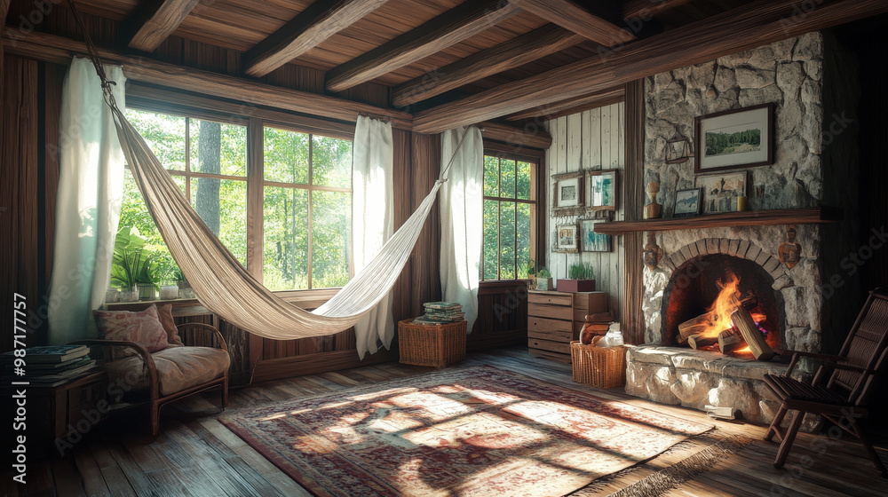 Cozy Rustic Cabin Interior with Exposed Wooden Beams Cozy Rustic Cabin Interior with Exposed Wooden Beams