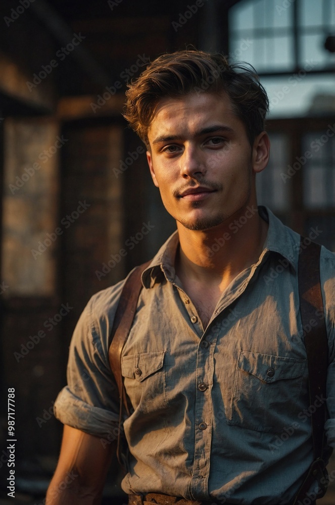 A young Victorian age worker poses confidently in a factory, showcasing the era's industrial spirit and labor the workers embraced. A young Victorian age worker poses confidently in a factory, showcasing the era's industrial spirit and labor the workers embraced.