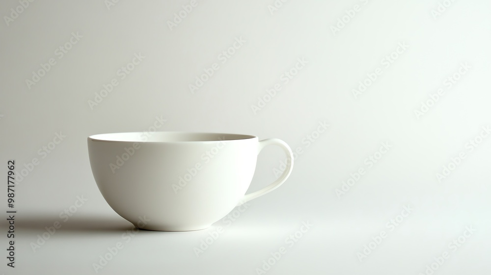 A white coffee cup on a white surface. A white coffee cup on a white surface.