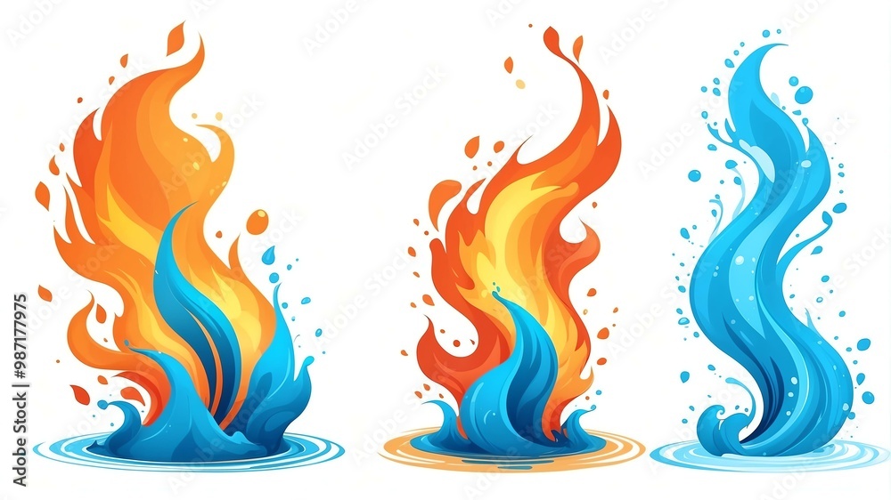dynamic flame and water element fluid on white background dynamic flame and water element fluid on white background