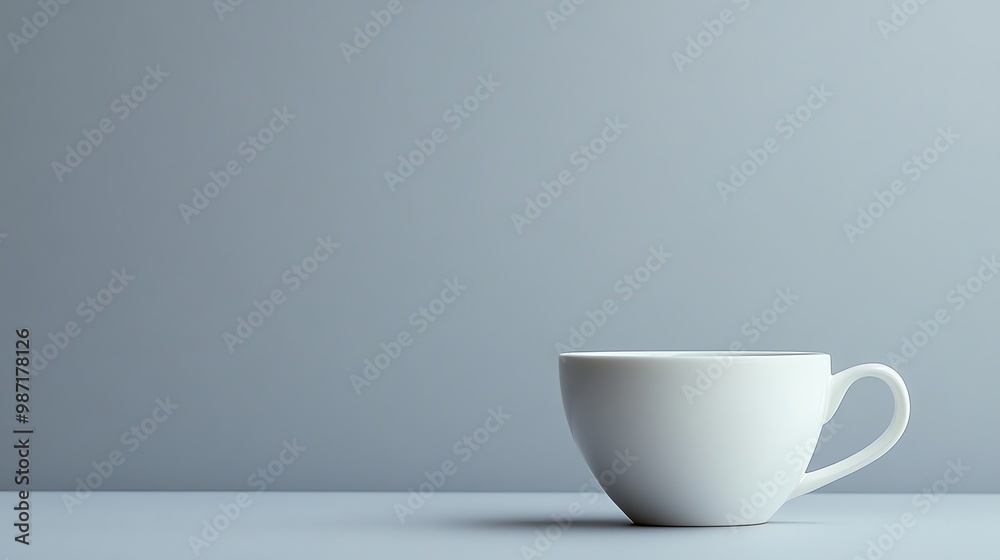 A white cup on a table in front of a gray wall. A white cup on a table in front of a gray wall.