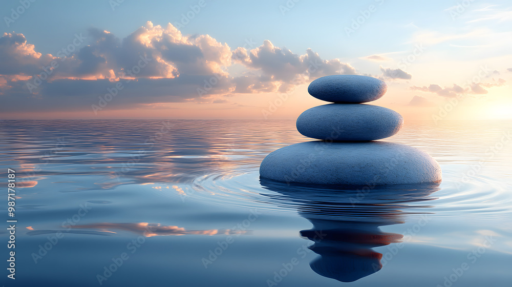 Calm water reflecting a stack of stones at sunrise, symbolizing tranquility and balance in nature's serene environment. Calm water reflecting a stack of stones at sunrise, symbolizing tranquility and balance in nature's serene environment.