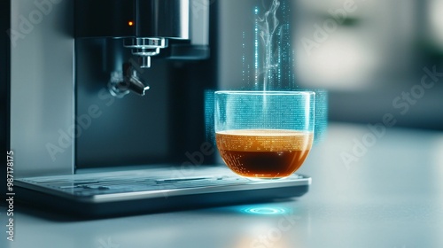 A futuristic coffee machine pouring coffee into a holographic cup with digital effects, showcasing advanced technology and innovative design in a sleek, high-tech environment
