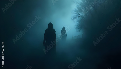 Two indistinct figures emerge from thick fog on a dimly lit forest trail during twilight