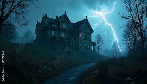 The haunted mansion stands tall amid a storm, with lightning striking and shadows 