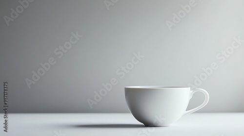 A simple white cup sits on a white surface against a white backdrop.