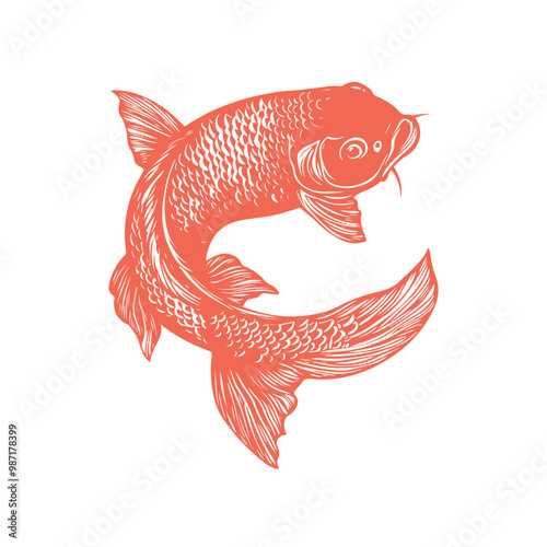 Rubber Stamp Cute fish carp koi woodcut drawing vector fish linocut style illustration element for stamp design isolated. Handmade blockprint small fish vector motif clipart in folkart scandi style.