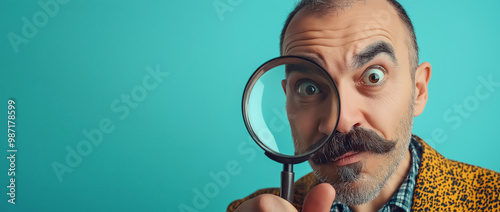 Funny looking man with moustache looking through magnifying glass loupe, closeup studio portrait, copy space on side. Generative AI photo