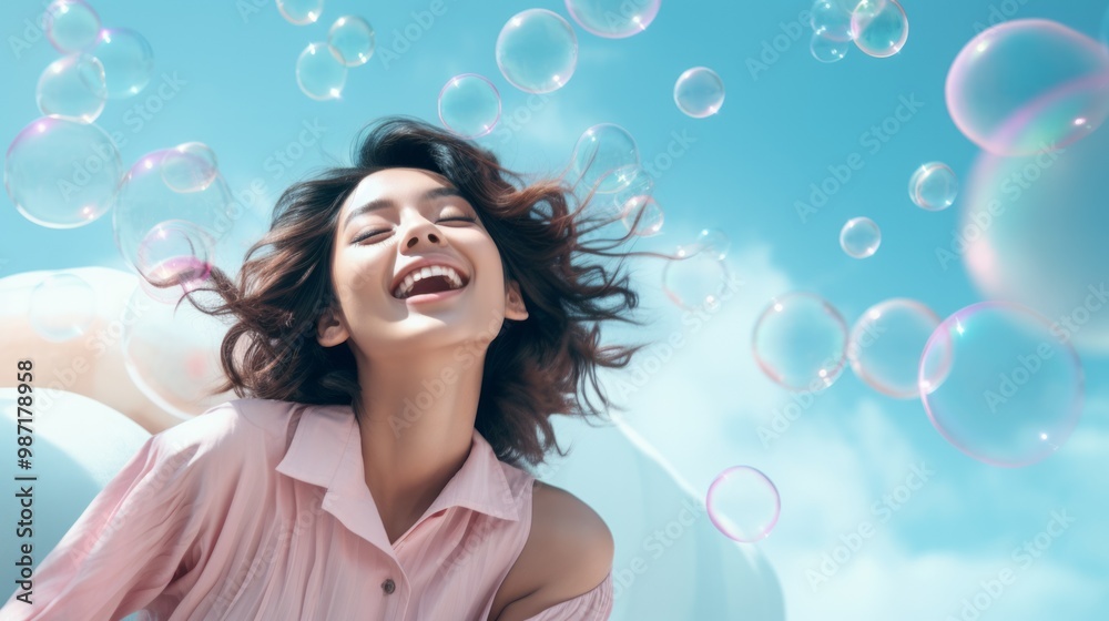 Cute asian girl and soap bubbles. ai generated art image Cute asian girl and soap bubbles. ai generated art image