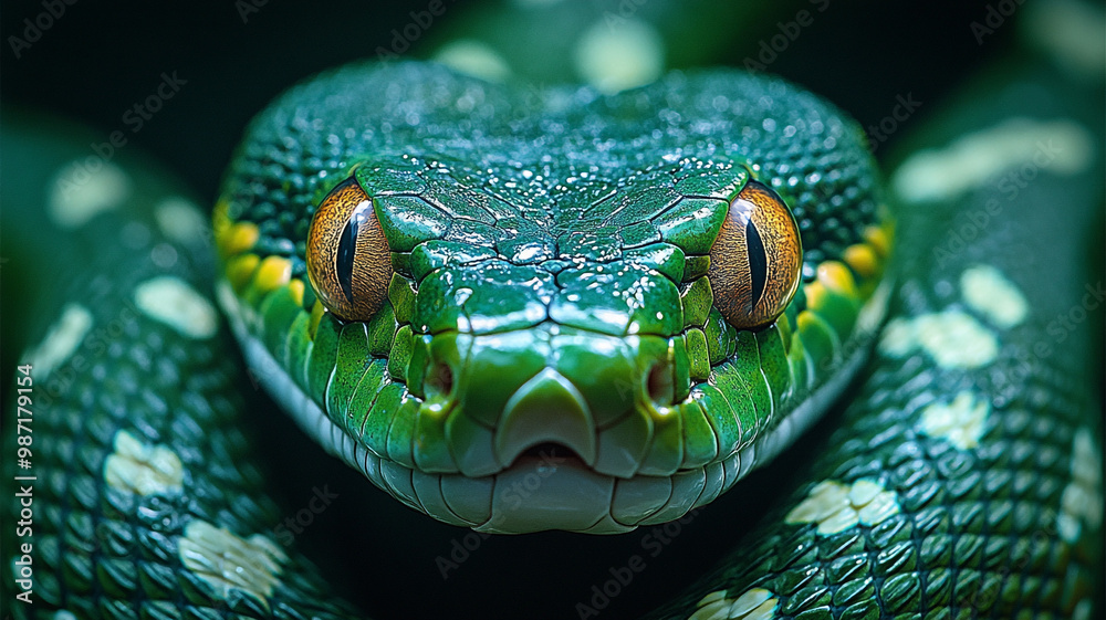 Fototapeta premium A green snake. Different angles. The cover for the astrological video channel. Minimalism.