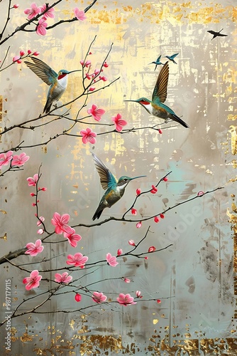birds on a branch painting in chinoiseries style	