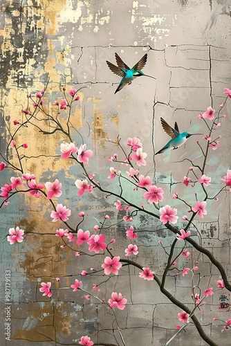 birds on a branch painting in chinoiseries style	