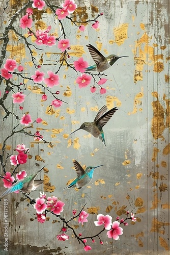 birds on a branch painting in chinoiseries style	