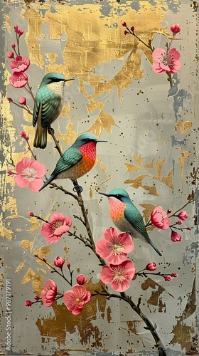 birds on a branch painting in chinoiseries style	