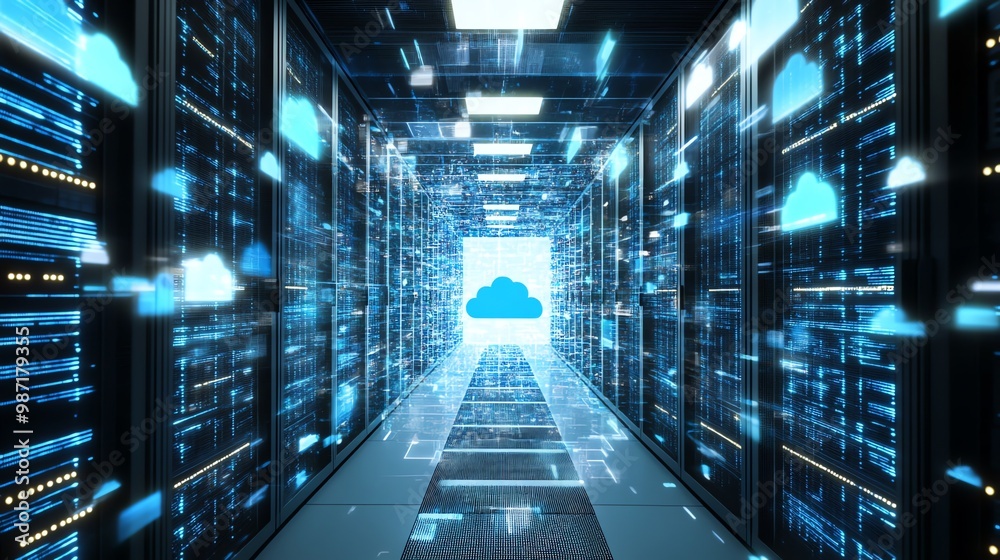 Server room with blue lights and cloud icon. Server room with blue lights and cloud icon.