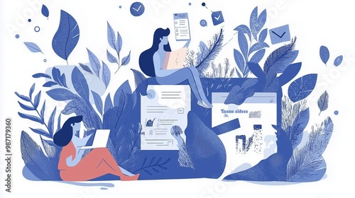 Two women engaged in work, surrounded by vibrant blue leaves and botanical elements. photo