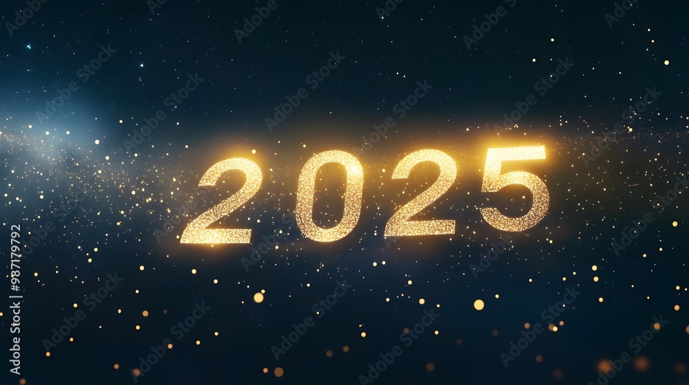 The year 2025 is sparkling and festive with gold glitter against a dark blue background. The year 2025 is sparkling and festive with gold glitter against a dark blue background.