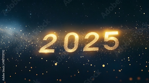 The year 2025 is sparkling and festive with gold glitter against a dark blue background.