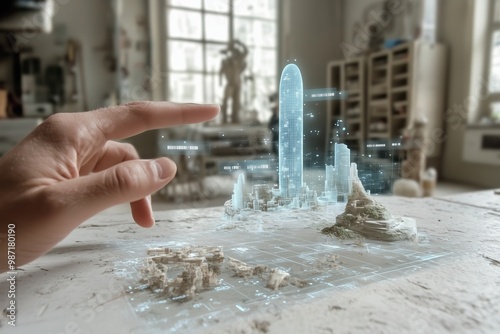 A person's hand interacting with a holographic cityscape display.