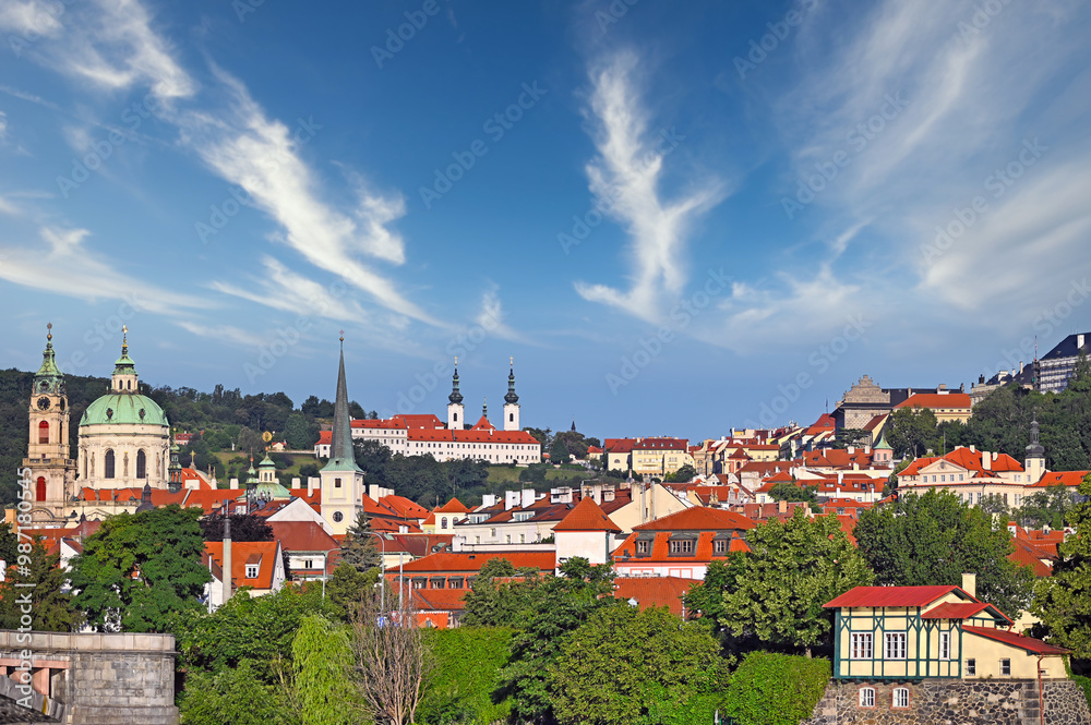 Church towers and old buildings panorama in Prague Czech republic