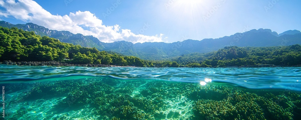 Fototapeta premium Vibrant underwater scene with clear water and beautiful mountain backdrop.