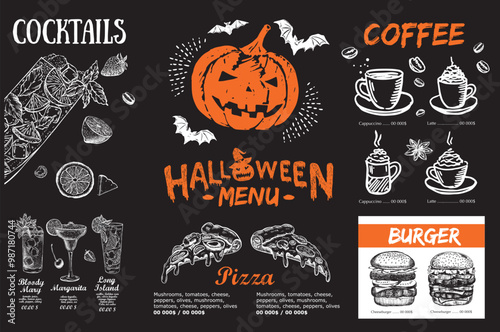 Halloween menu, hand drawn illustrations.	
