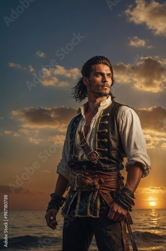 An athletic pirate stands on the ocean shore at sunset, exuding confidence and adventure, ready for his next journey.