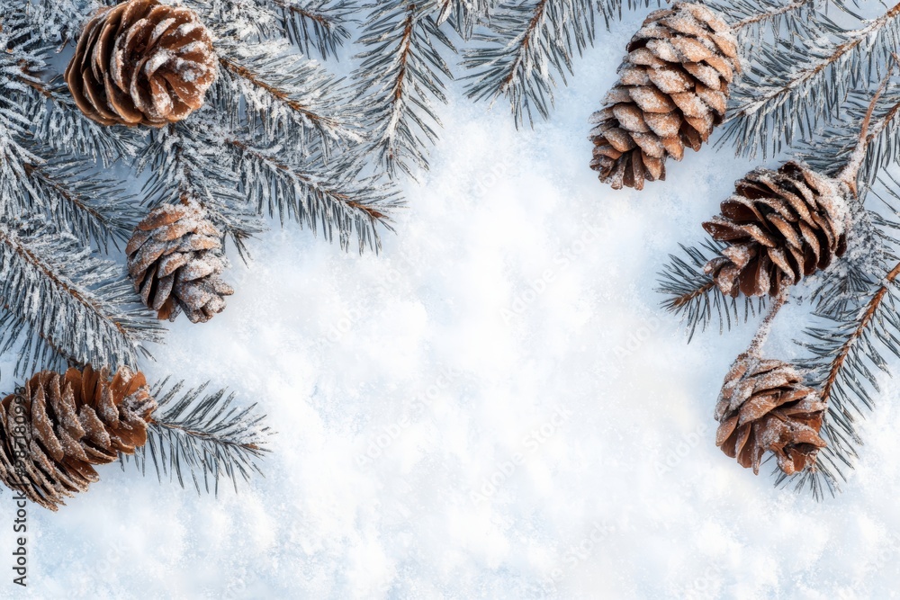 Frosted pine cones rest on fresh snow with evergreen branches creating a serene winter atmosphere Frosted pine cones rest on fresh snow with evergreen branches creating a serene winter atmosphere
