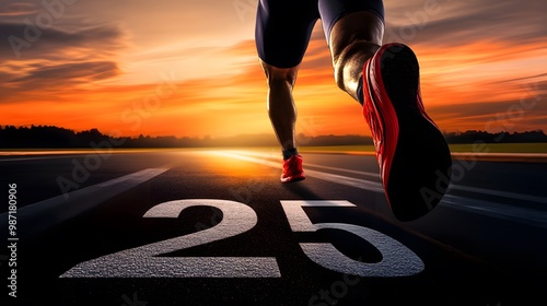 Runner's legs and feet passing the 25th marker on a track at sunset. photo