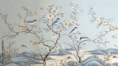 birds on a branch painting in chinoiseries style	