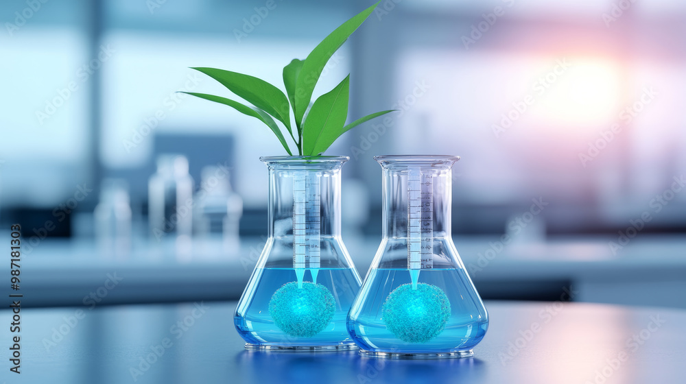 Innovative biotechnology lab with bioreactors showcasing vibrant blue solutions and green plant, symbolizing growth and sustainability in scientific research