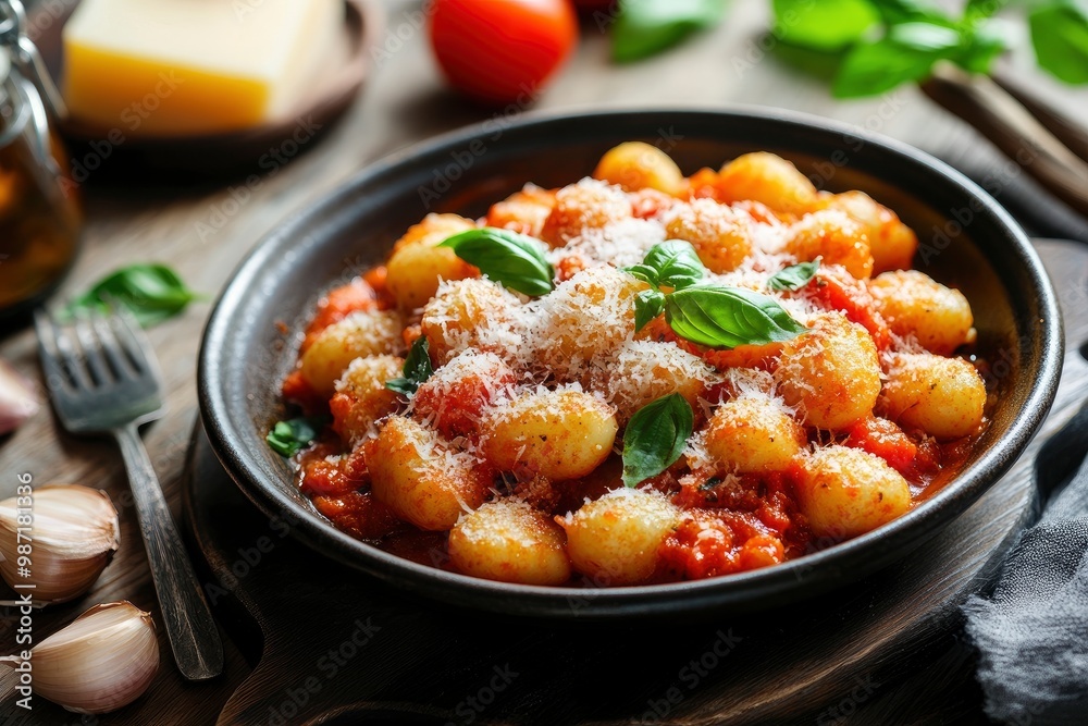 Dish of typical italian potato gnocchi with tomato sauce and cheese, ai Dish of typical italian potato gnocchi with tomato sauce and cheese, ai