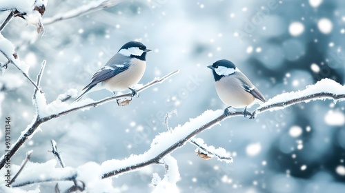 Two small birds perched on a snow-covered branch in a winter wonderland.