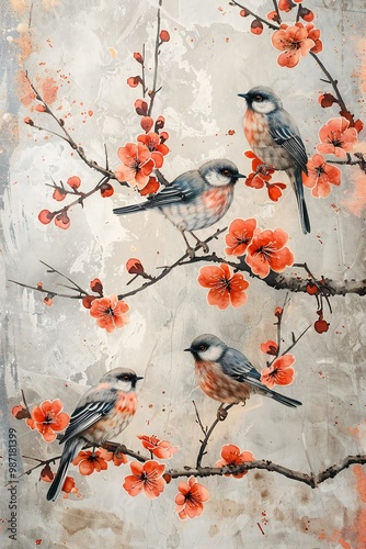 birds on a branch painting in chinoiseries style	