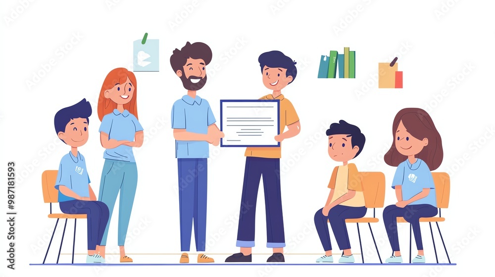 A cartoon image of a teacher handing a certificate to a student. A cartoon image of a teacher handing a certificate to a student.