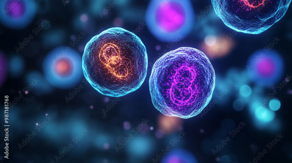 Glowing bioengineered cells are depicted in this high resolution microscope view, showcasing vibrant colors and intricate details. image captures beauty of cellular structures and their potential in Glowing bioengineered cells are depicted in this high resolution microscope view, showcasing vibrant colors and intricate details. image captures beauty of cellular structures and their potential in