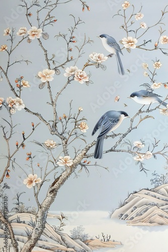 birds on a branch painting in chinoiseries style	

