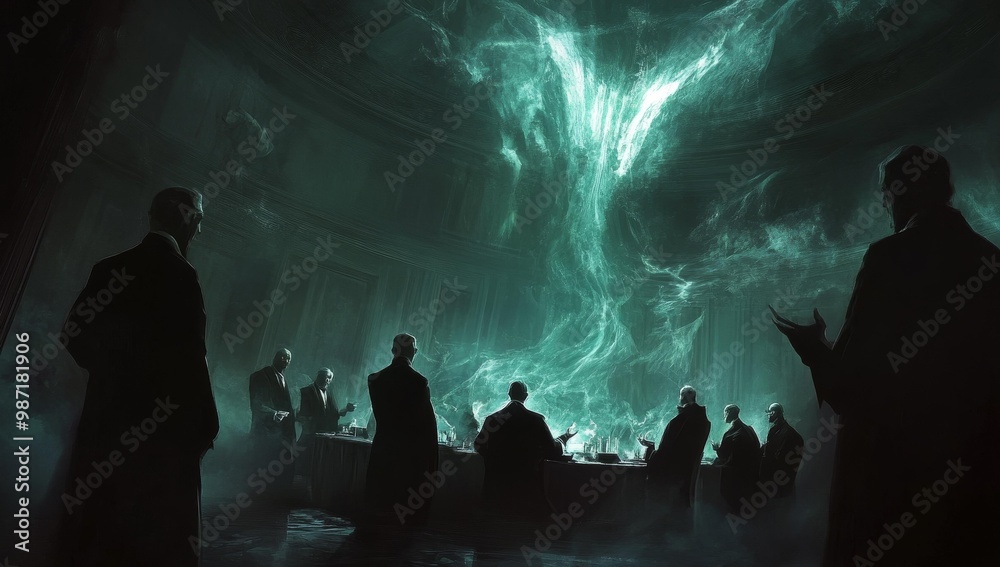 Men in suits gather around a glowing orb. Men in suits gather around a glowing orb.