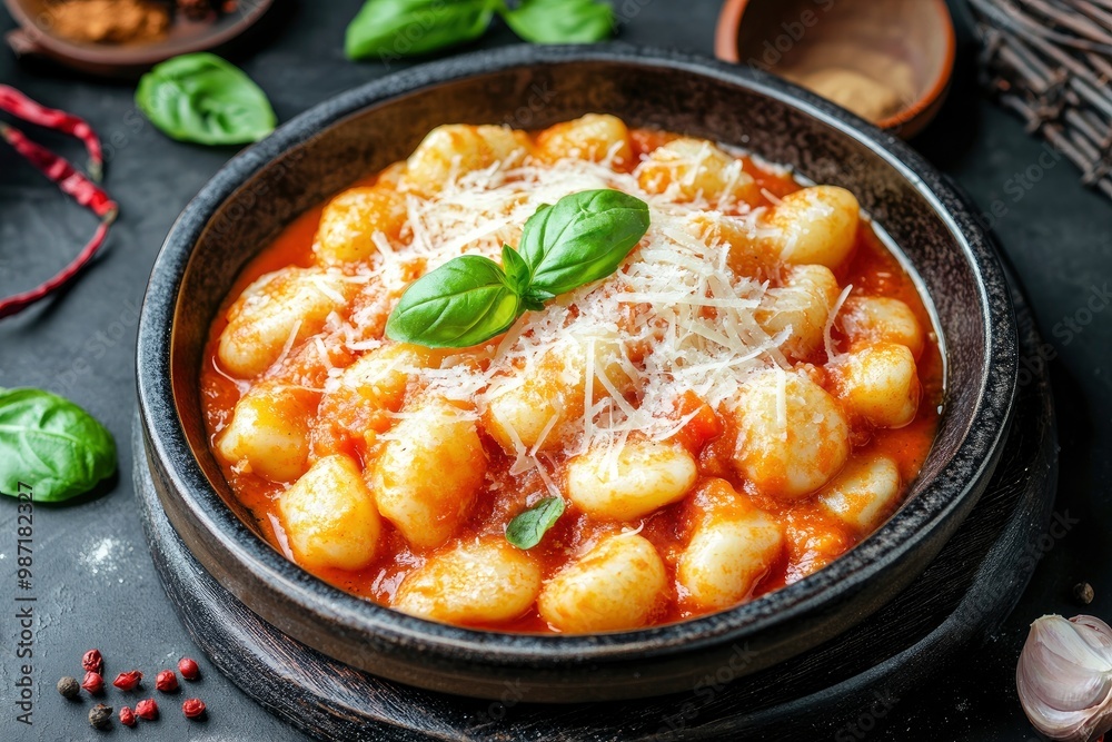 Dish of typical italian potato gnocchi with tomato sauce and cheese, ai Dish of typical italian potato gnocchi with tomato sauce and cheese, ai