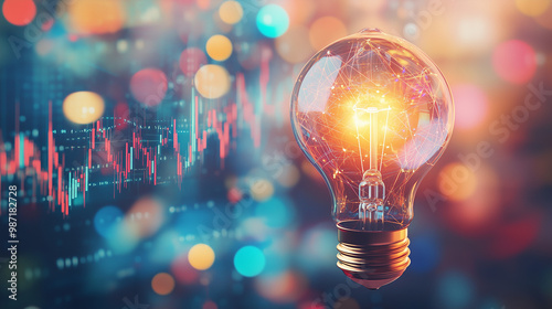 A glowing lightbulb with vibrant, colorful splashes of light and graph stock market lines radiating outward, symbolizing creativity and innovation against a blurred, multicolored bokeh background