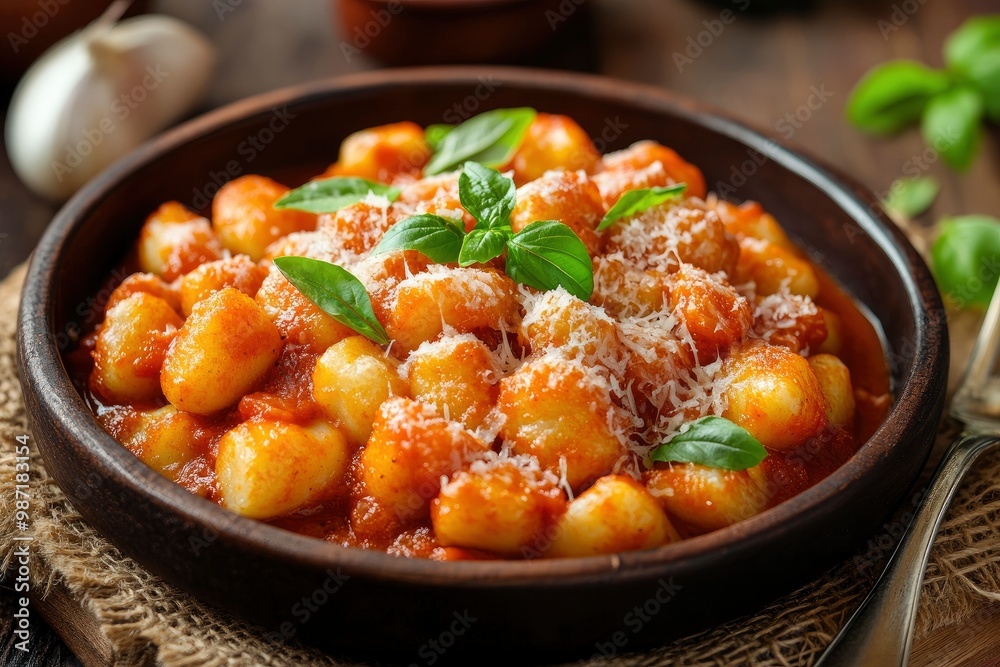 Dish of typical italian potato gnocchi with tomato sauce and cheese, ai Dish of typical italian potato gnocchi with tomato sauce and cheese, ai