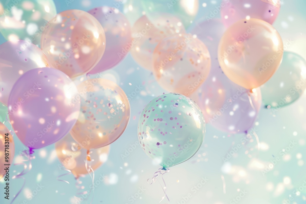 Dreamy Pastel Birthday Celebration with Translucent Balloons and Confetti in Soft Sky