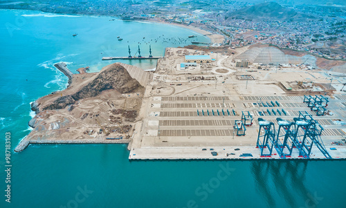 Panoramic view of Chancay Mega seaport. Located in Peru, under construction, future maritime hub of South America. Chancay Lima, Peru. photo