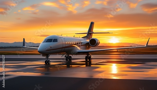 Tranquil Sunset Takeoff of Airliner in Golden Hour with Warm Sky, Inspiring Travel Scene and Scenic Flight Experience on Runway photo