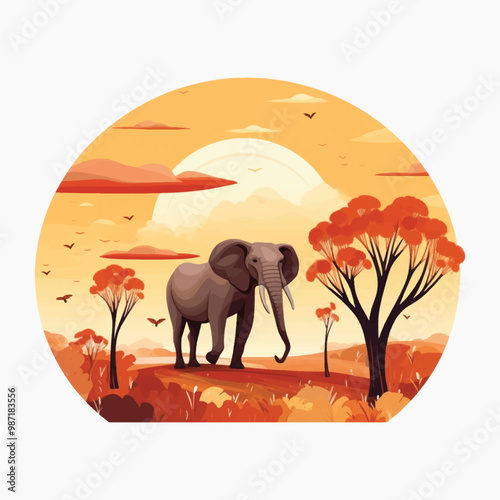 Elephant in sunset savannah landscape